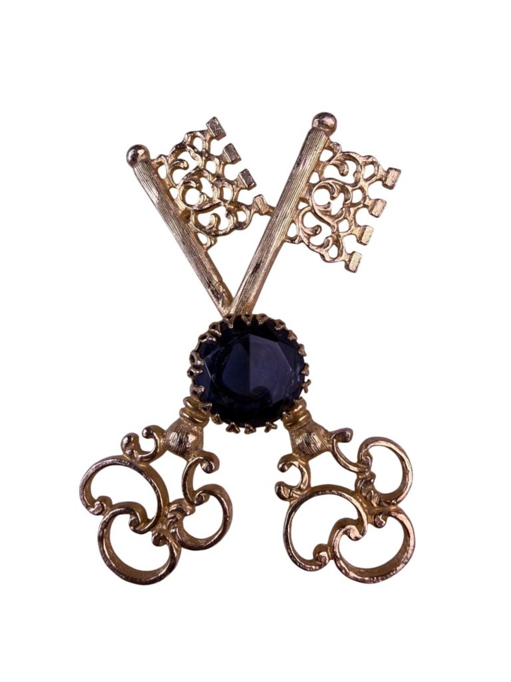 Vintage Unknown Gold Tone Decorative Jewelry Double Key Brooch With Blue Jewel